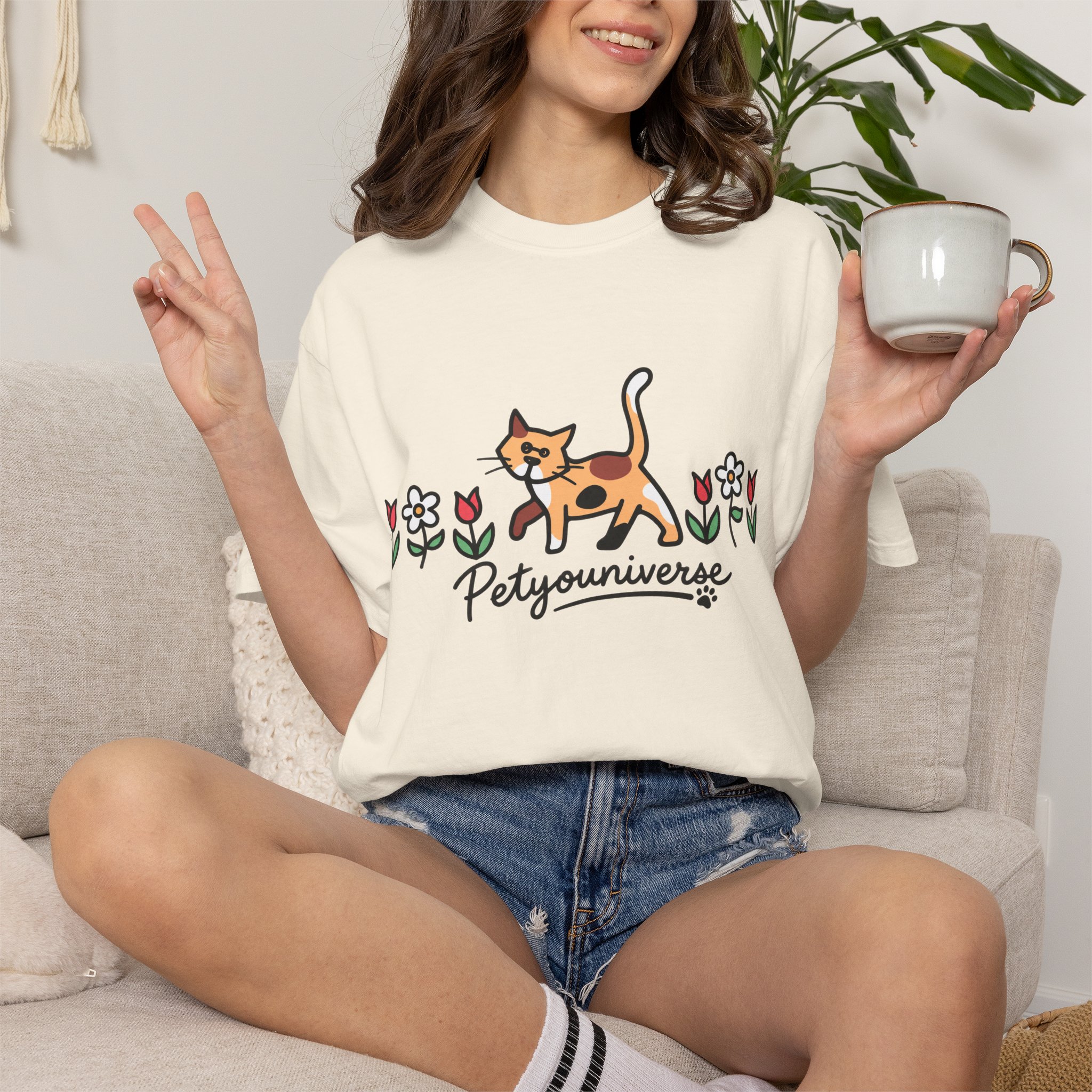 Cat & Flowers T-Shirt — 'Petsyouniverse' Cute Calico Tee - Image 3