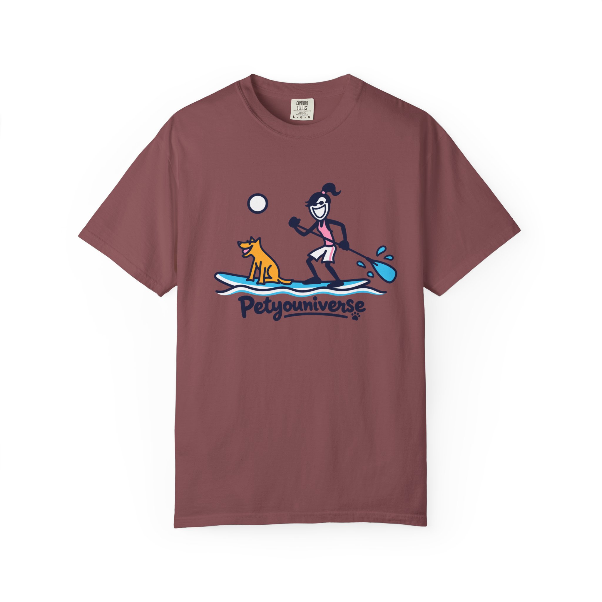 Dog and owner paddleboarding graphic on PetYoUniverse t-shirt