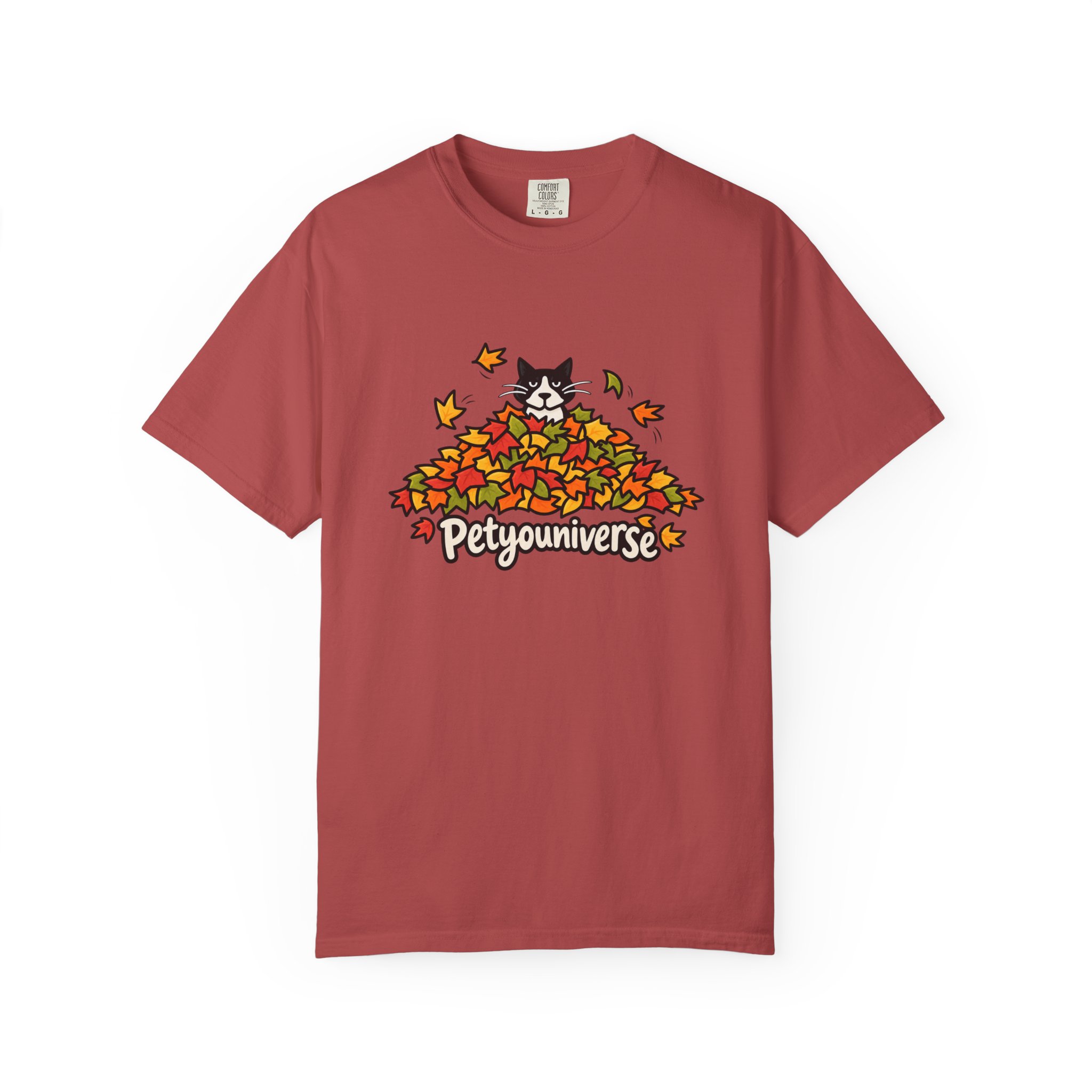 Cat in Leaf Pile T-Shirt — "Petyouniverse" Fall Cat Tee - Image 127