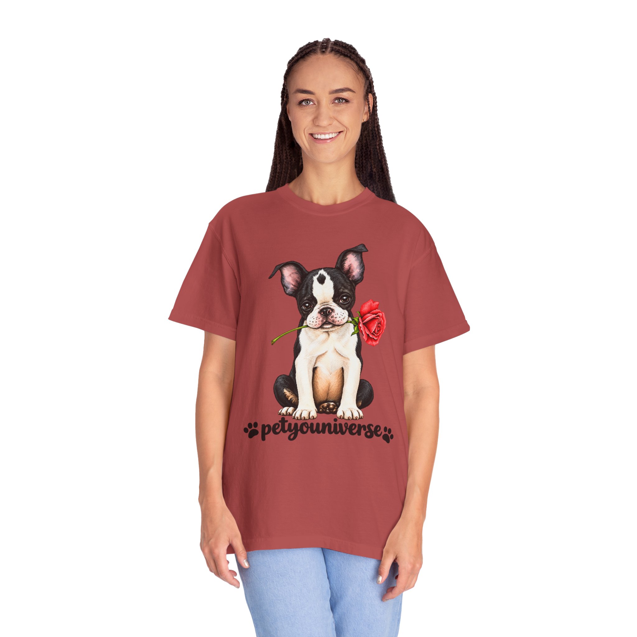 Boston Terrier Puppy Tee – Rose & "PetYoUniverse" Graphic T-Shirt - Image 122