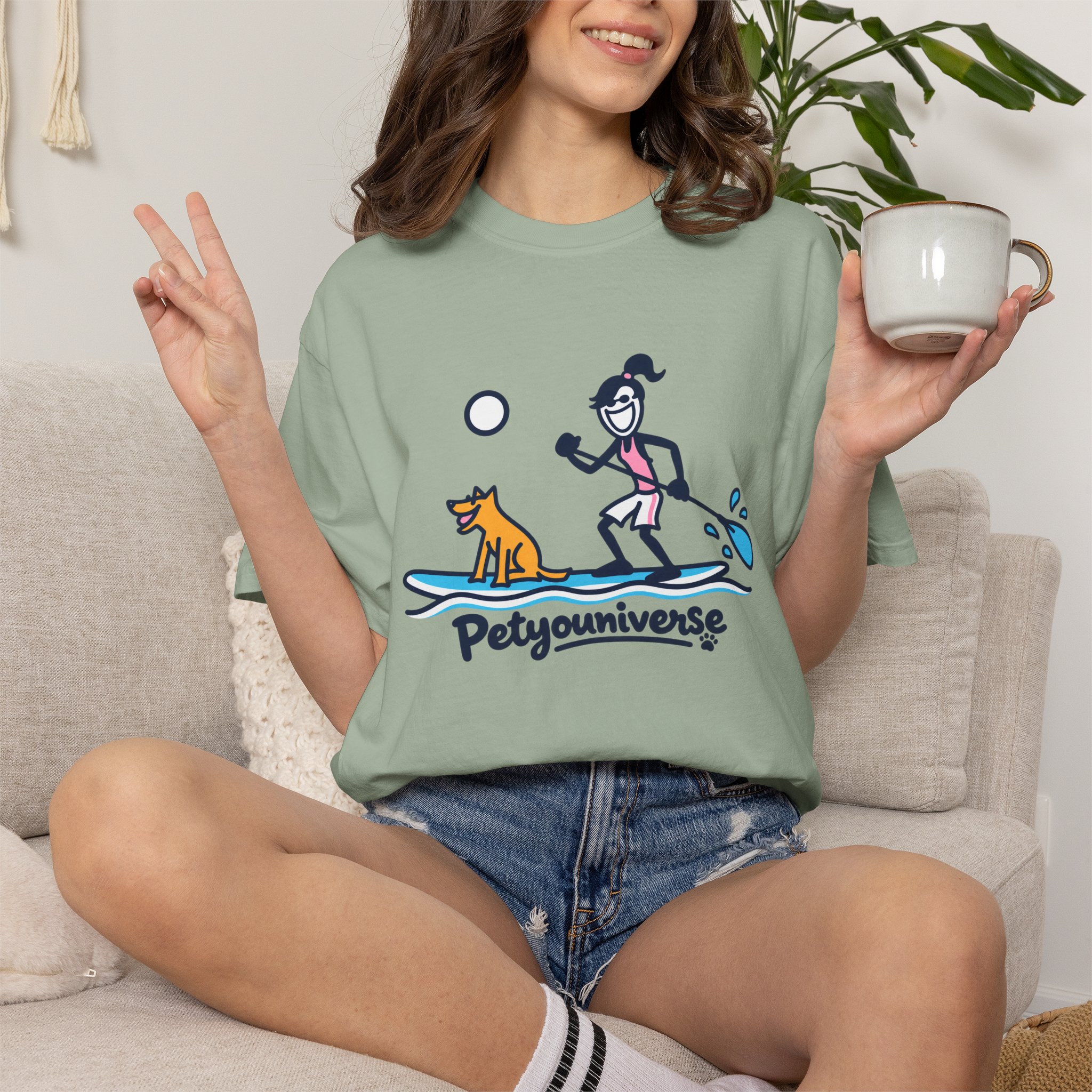 Paddleboarding Pup Graphic T-Shirt — "Petyouniverse" Dog & Owner Paddleboard Tee - Image 59