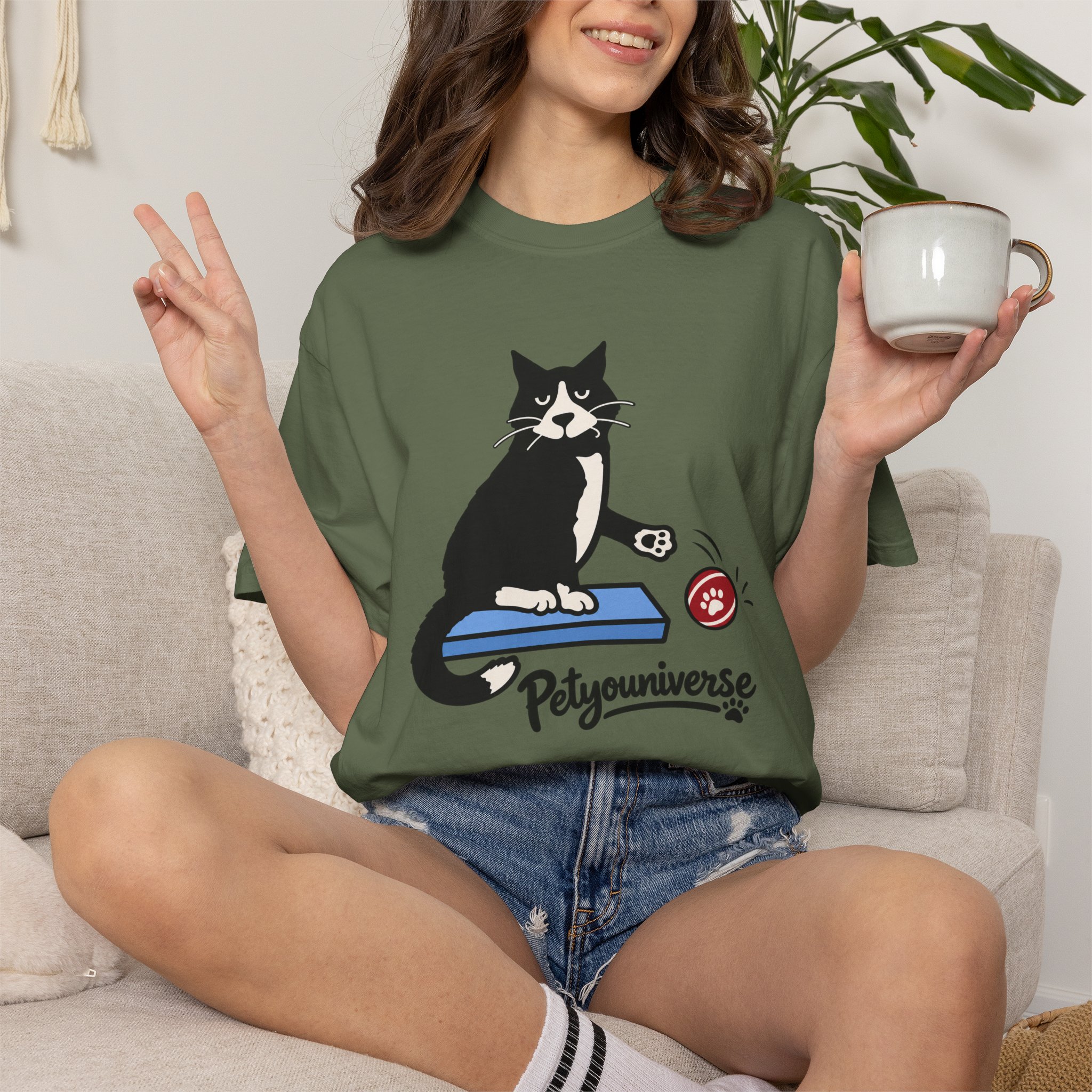 Cat on Scratch Pad Graphic T-Shirt — "Petyouniverse" Cute Paw Play Tee - Image 57