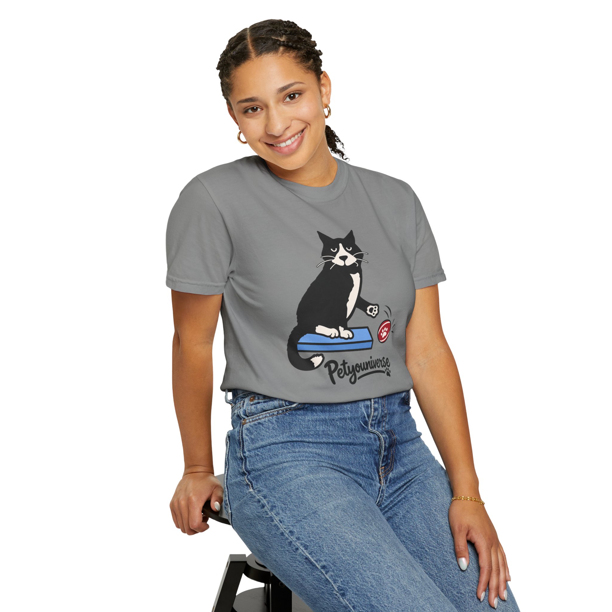 Cat on Scratch Pad Graphic T-Shirt — "Petyouniverse" Cute Paw Play Tee - Image 96
