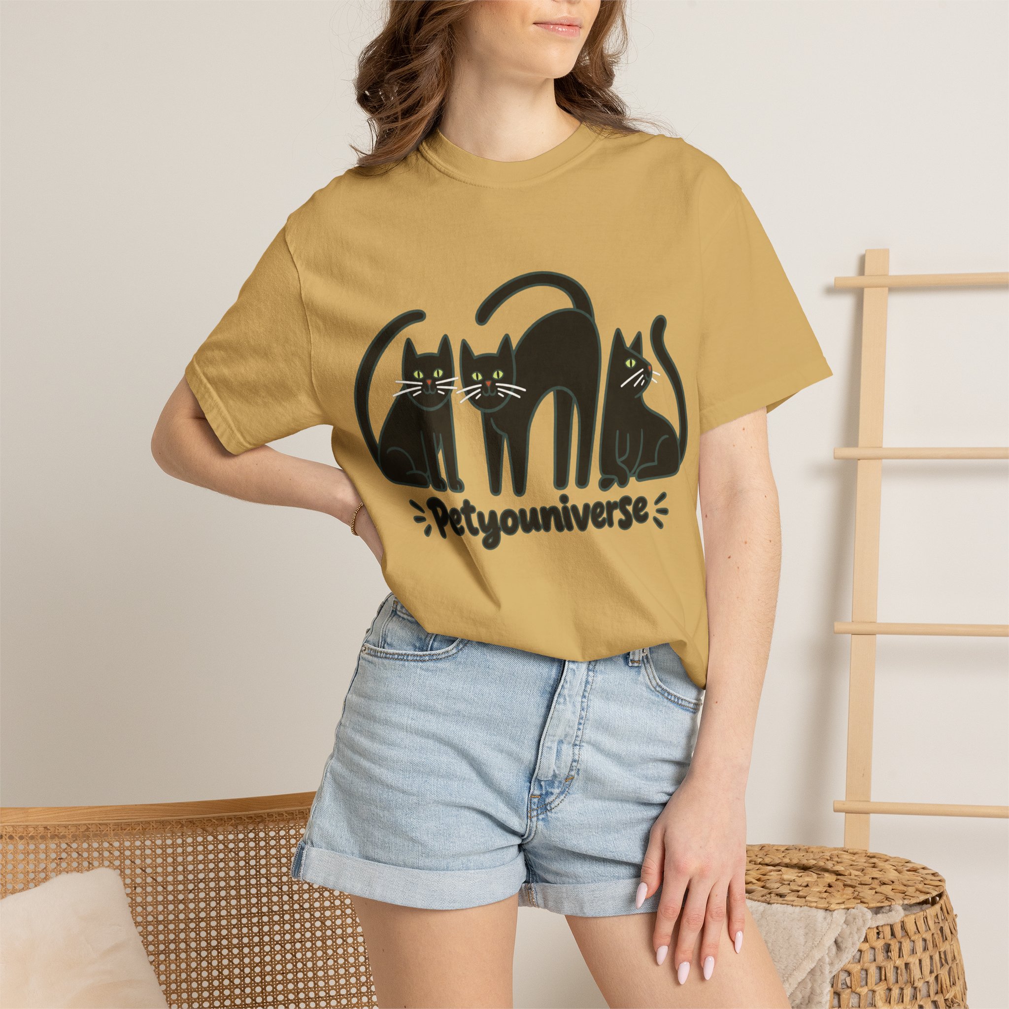 Cat T-Shirt — "Petyouniverse" Black Cat Trio Graphic Tee - Image 29