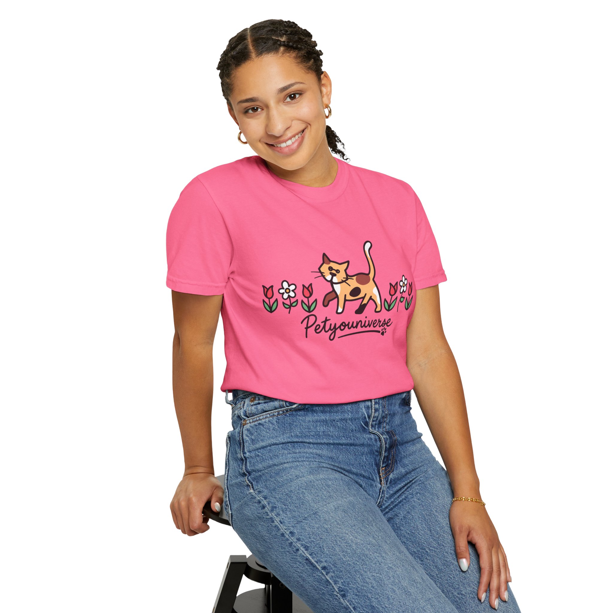 Cat & Flowers T-Shirt — 'Petsyouniverse' Cute Calico Tee - Image 123