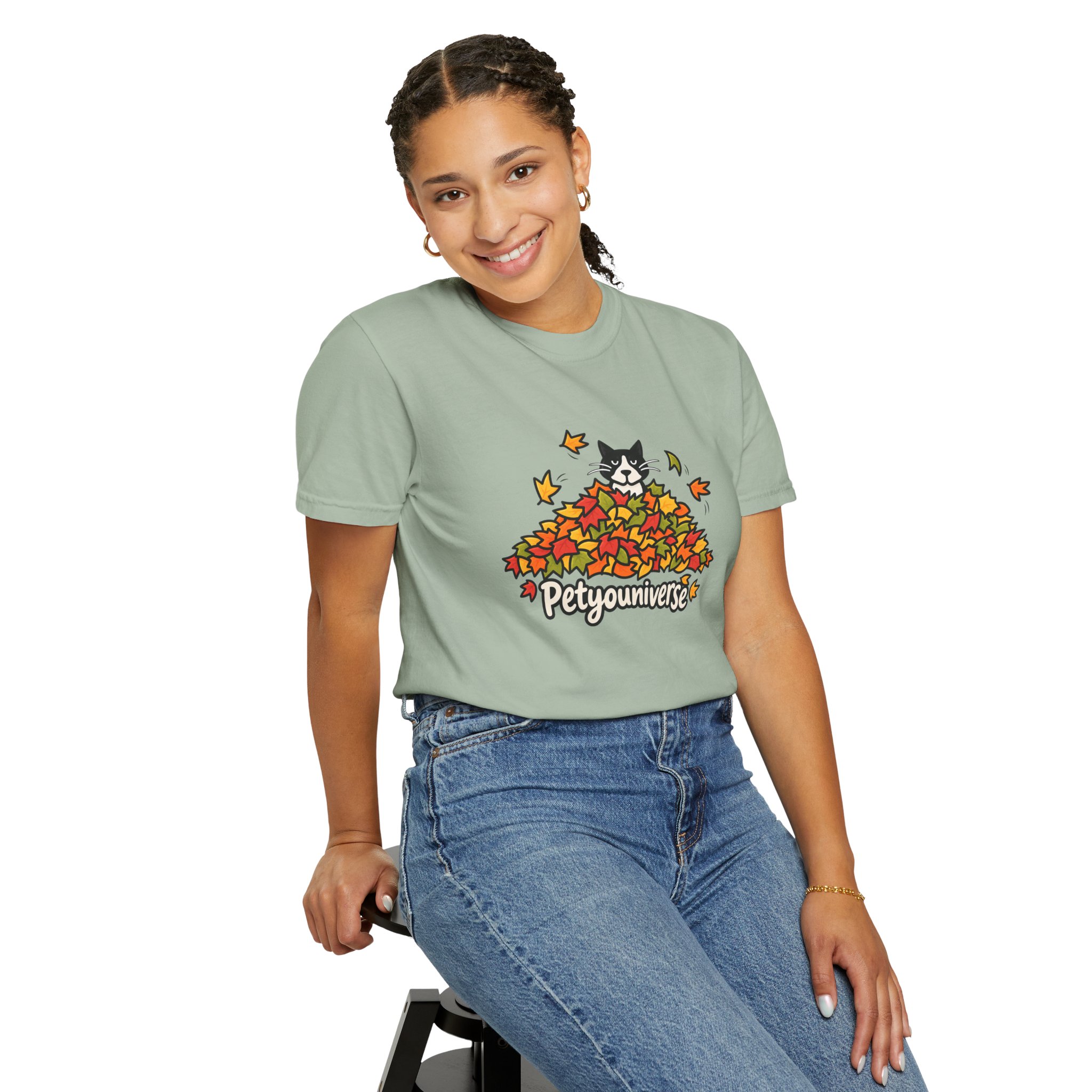 Cat in Leaf Pile T-Shirt — "Petyouniverse" Fall Cat Tee - Image 69