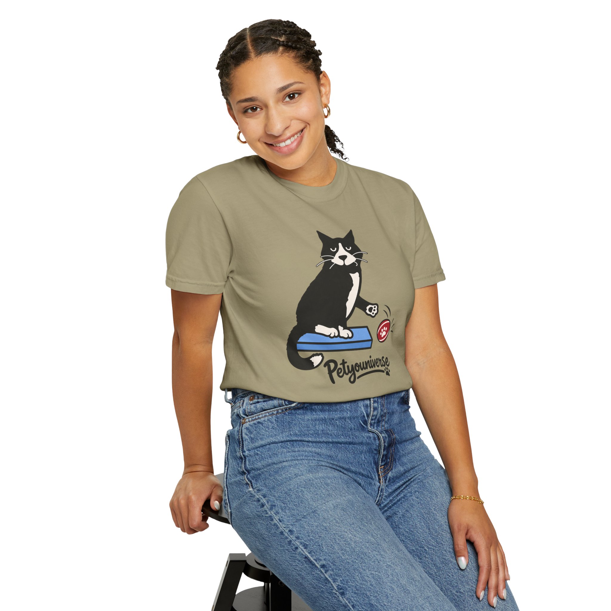 Cat on Scratch Pad Graphic T-Shirt — "Petyouniverse" Cute Paw Play Tee - Image 42