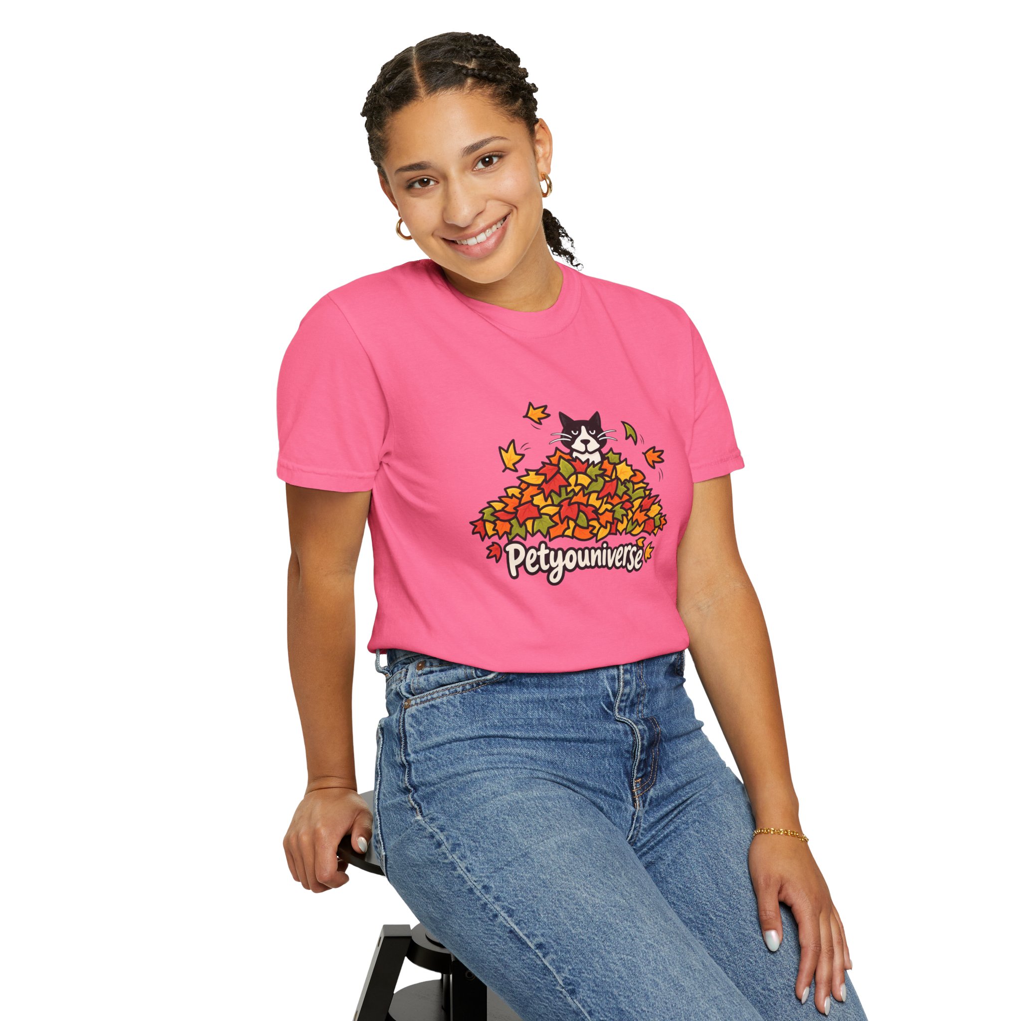 Cat in Leaf Pile T-Shirt — "Petyouniverse" Fall Cat Tee - Image 114