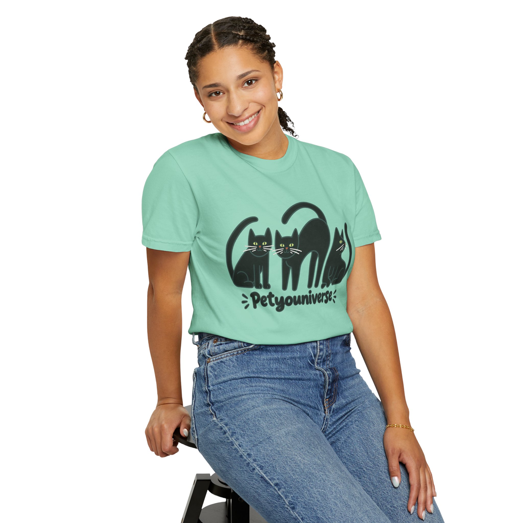 Cat T-Shirt — "Petyouniverse" Black Cat Trio Graphic Tee - Image 78