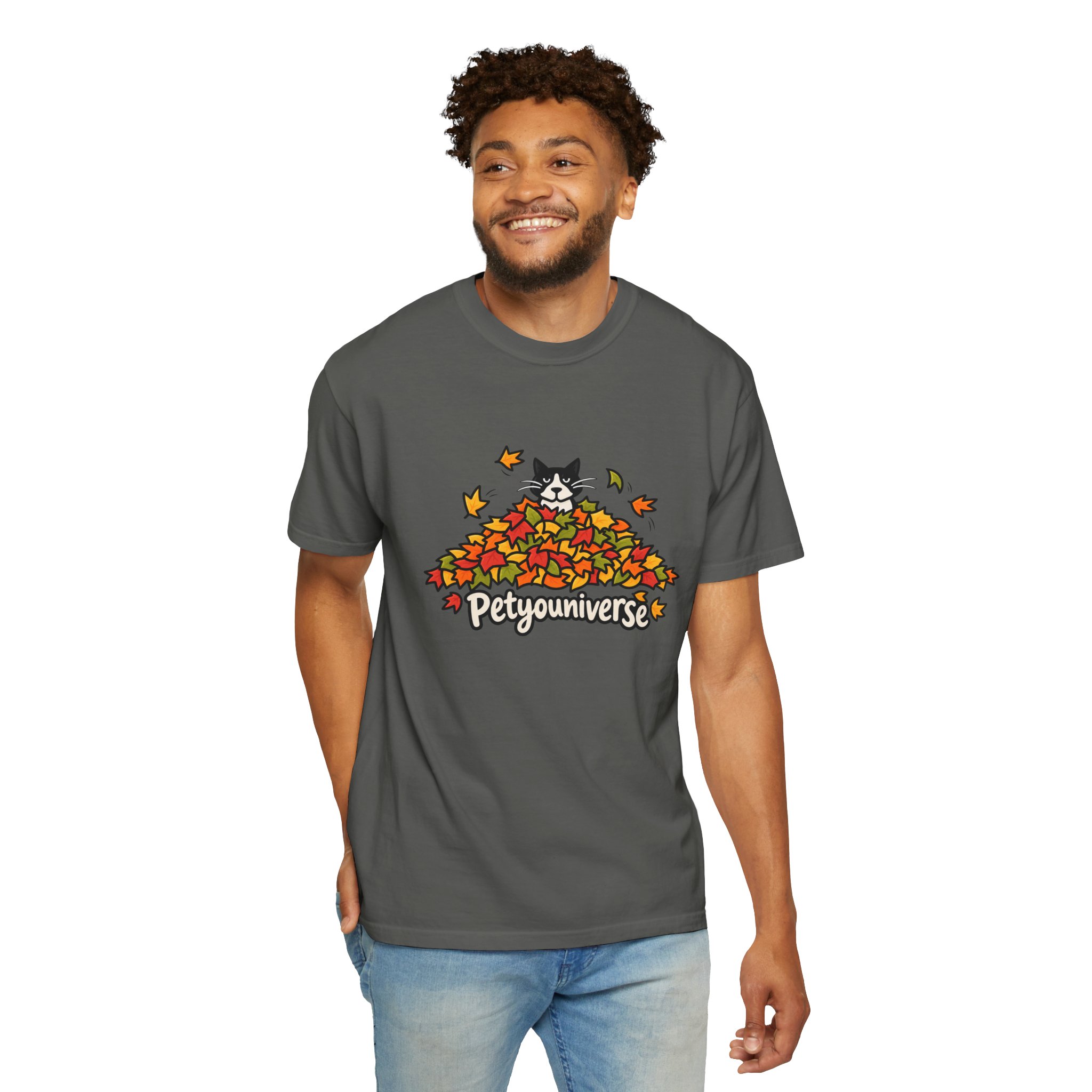 Cat in Leaf Pile T-Shirt — "Petyouniverse" Fall Cat Tee - Image 52