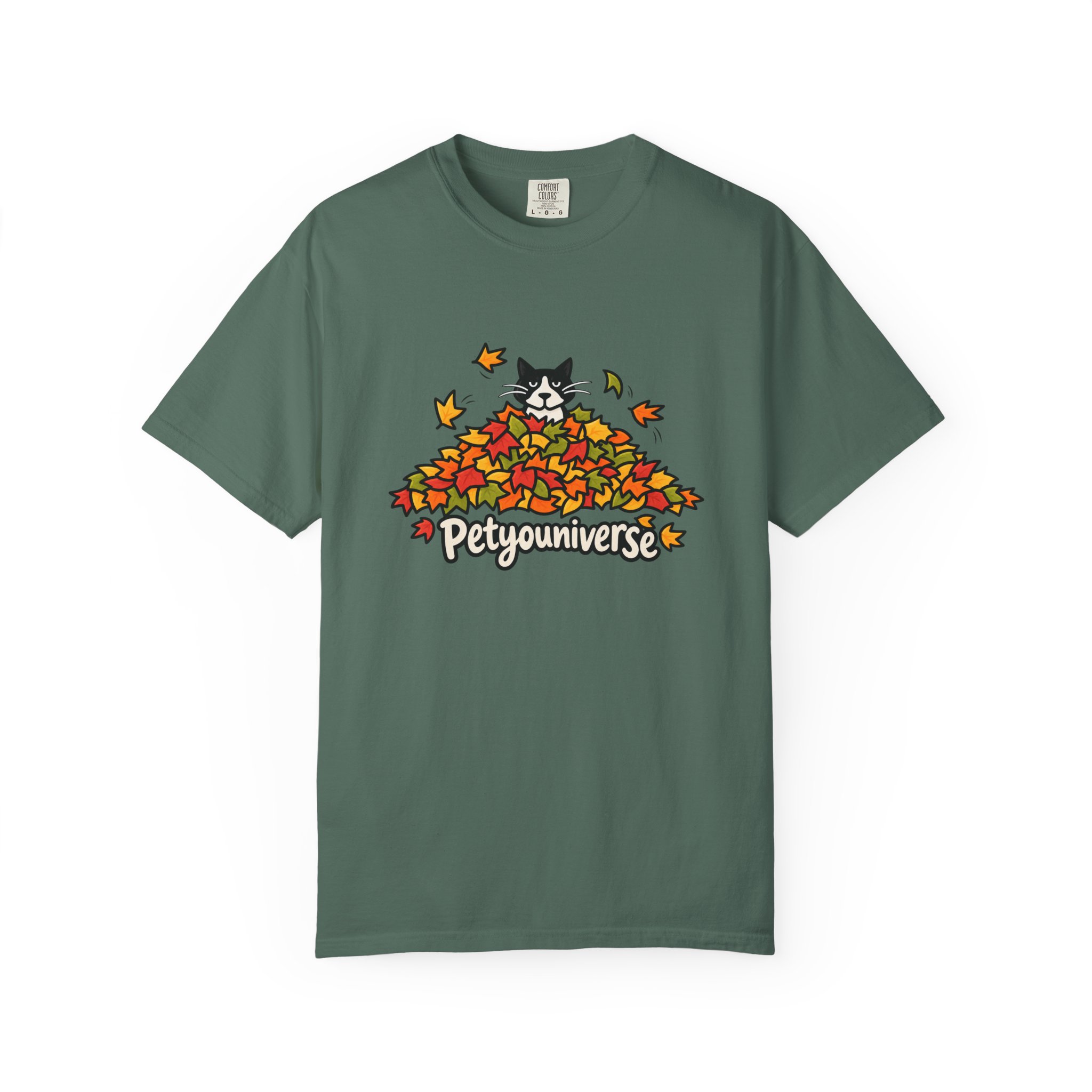 Cat in Leaf Pile T-Shirt — "Petyouniverse" Fall Cat Tee - Image 73