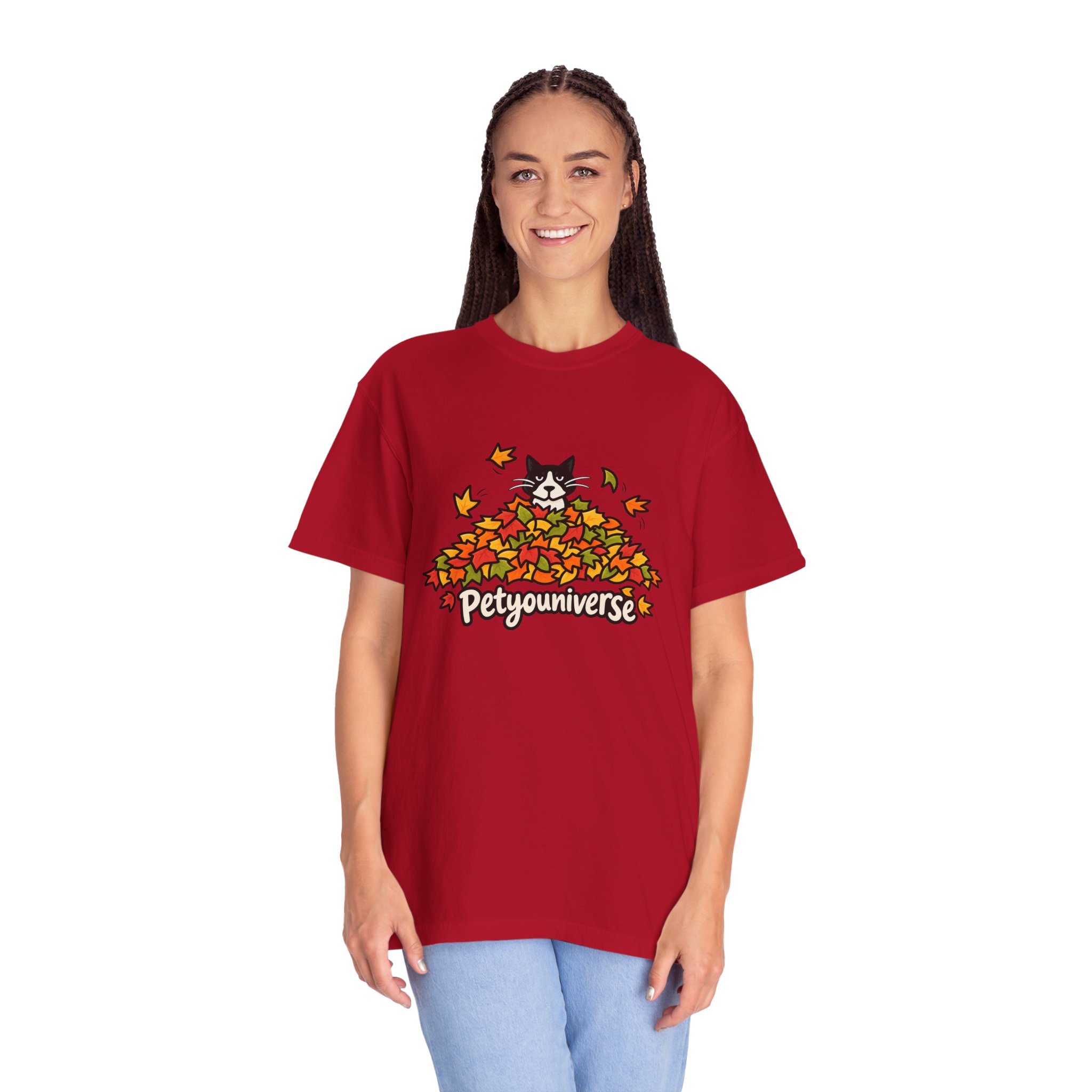 Cat in Leaf Pile T-Shirt — "Petyouniverse" Fall Cat Tee - Image 140