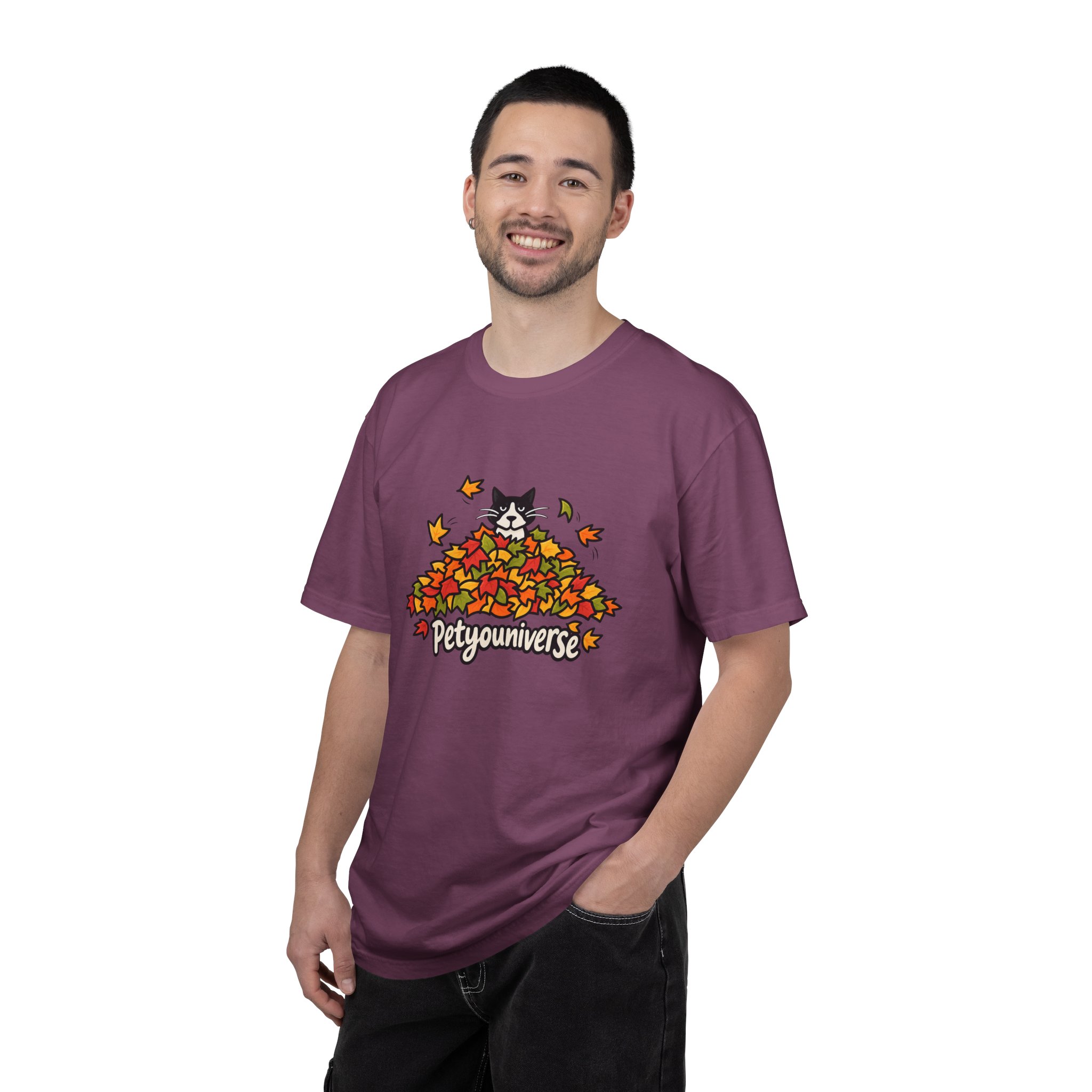Cat in Leaf Pile T-Shirt — "Petyouniverse" Fall Cat Tee - Image 121