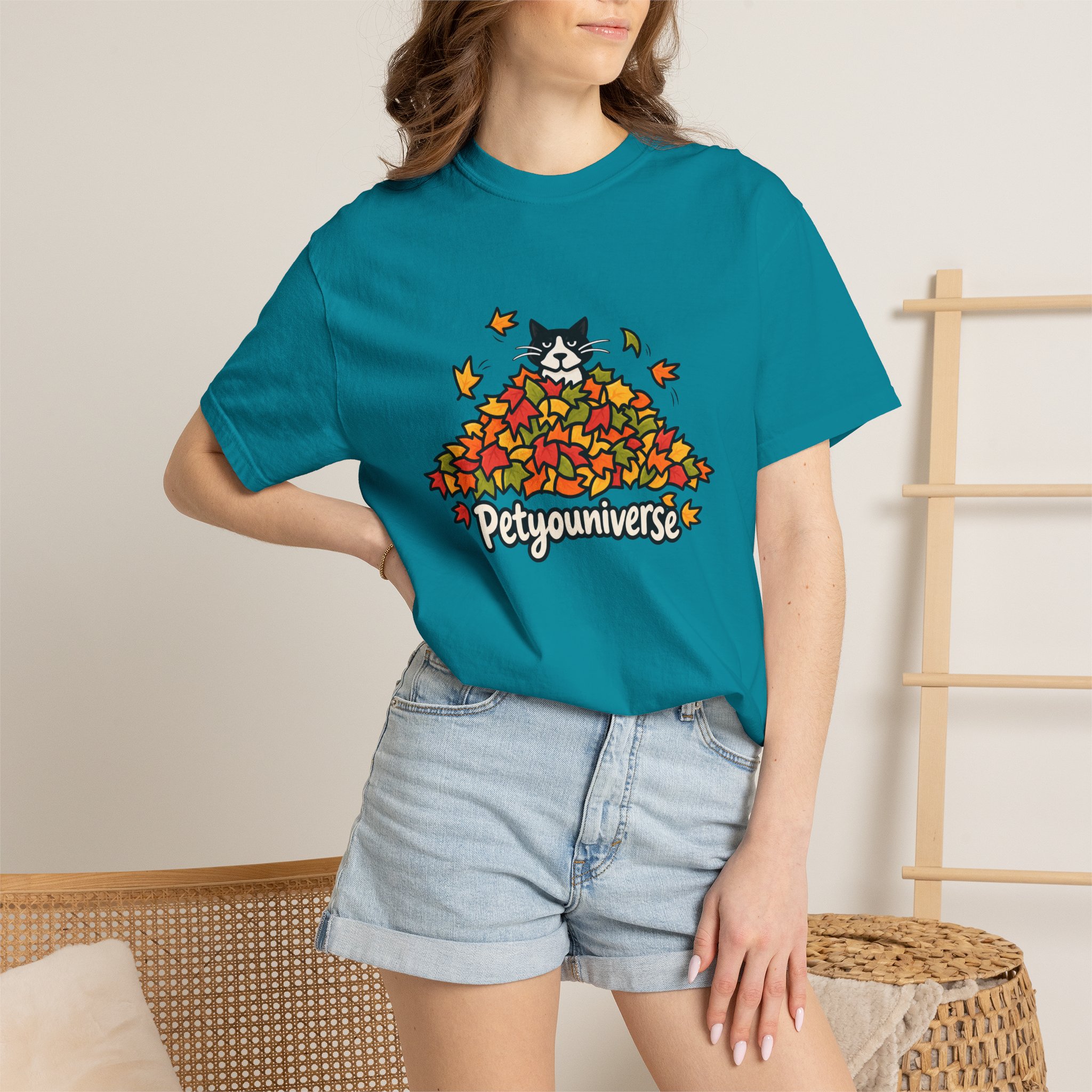 Cat in Leaf Pile T-Shirt — "Petyouniverse" Fall Cat Tee - Image 83