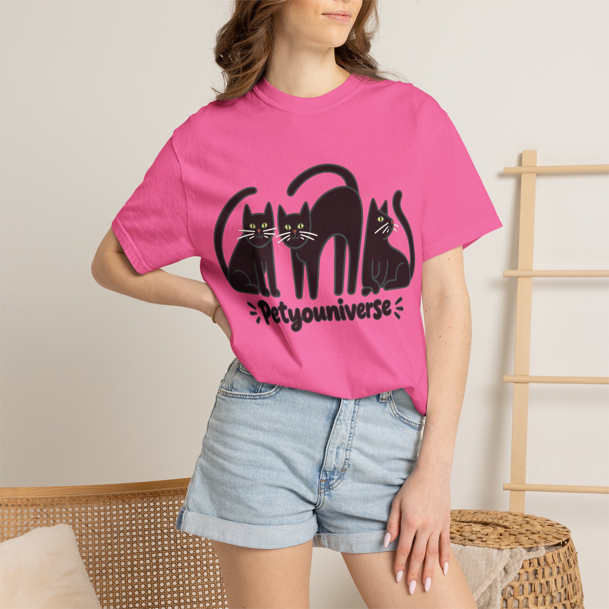 Cat T-Shirt — "Petyouniverse" Black Cat Trio Graphic Tee - Image 128