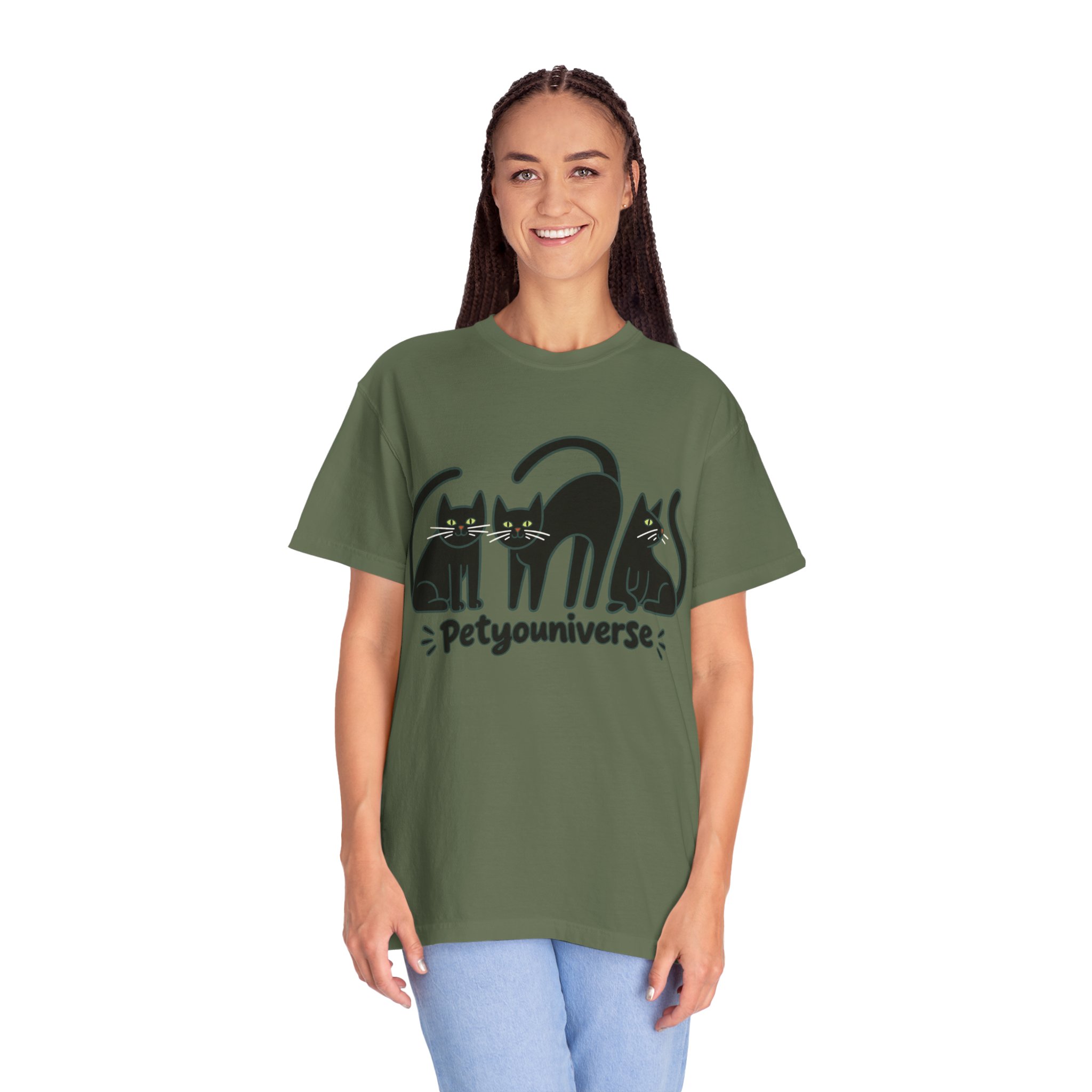 Cat T-Shirt — "Petyouniverse" Black Cat Trio Graphic Tee - Image 59