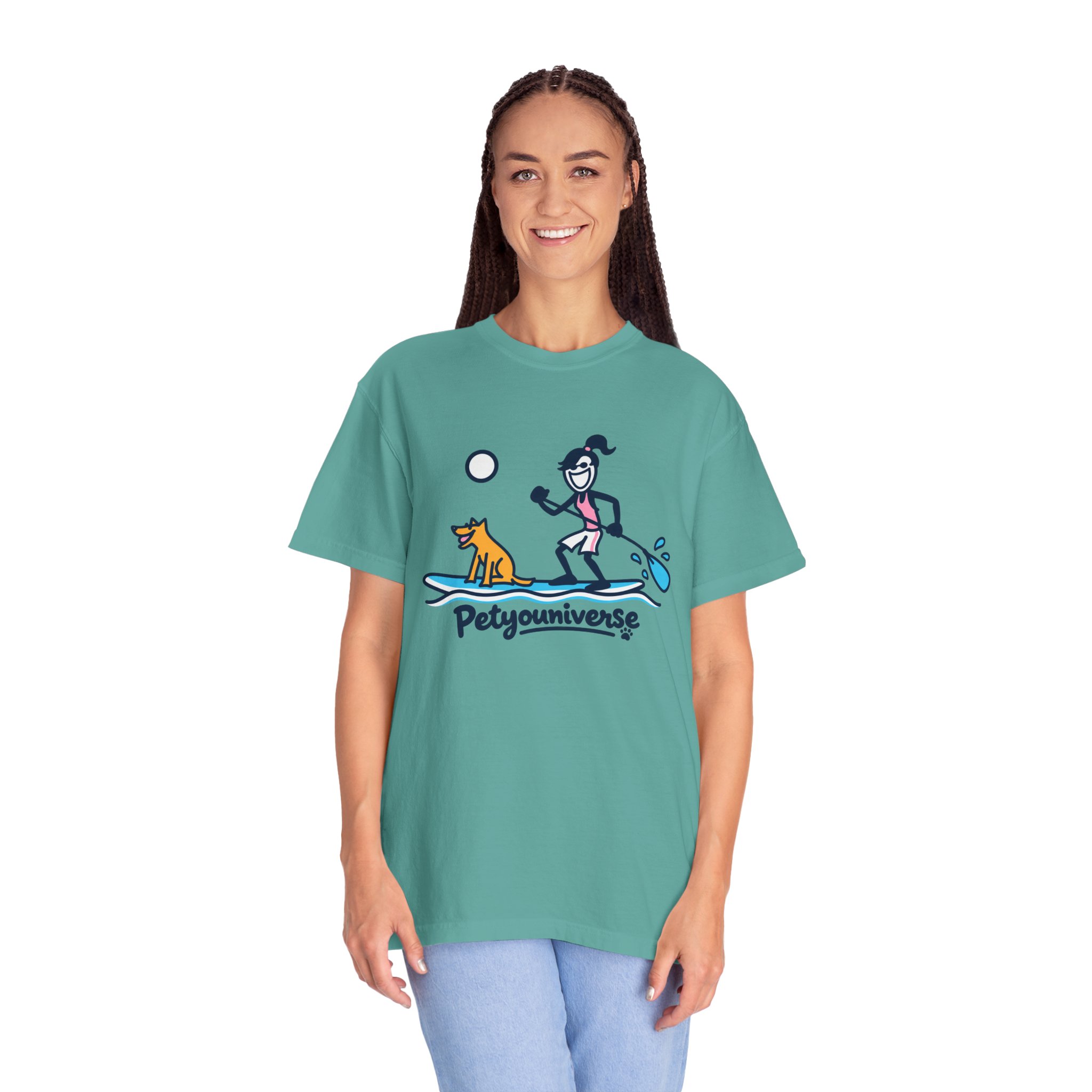 Paddleboarding Pup Graphic T-Shirt — "Petyouniverse" Dog & Owner Paddleboard Tee - Image 68