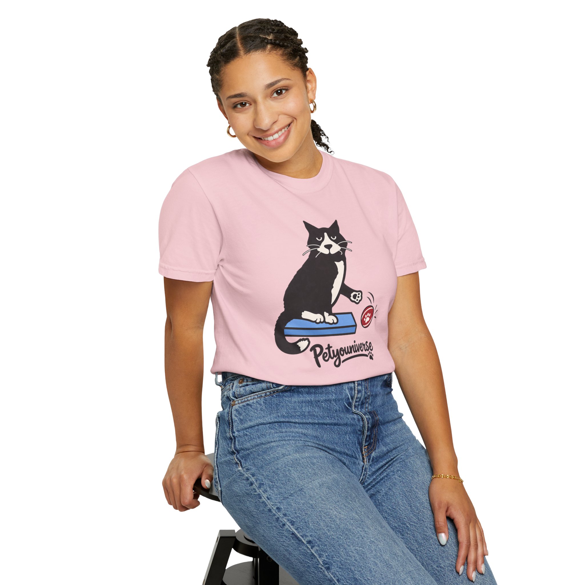 Cat on Scratch Pad Graphic T-Shirt — "Petyouniverse" Cute Paw Play Tee - Image 114
