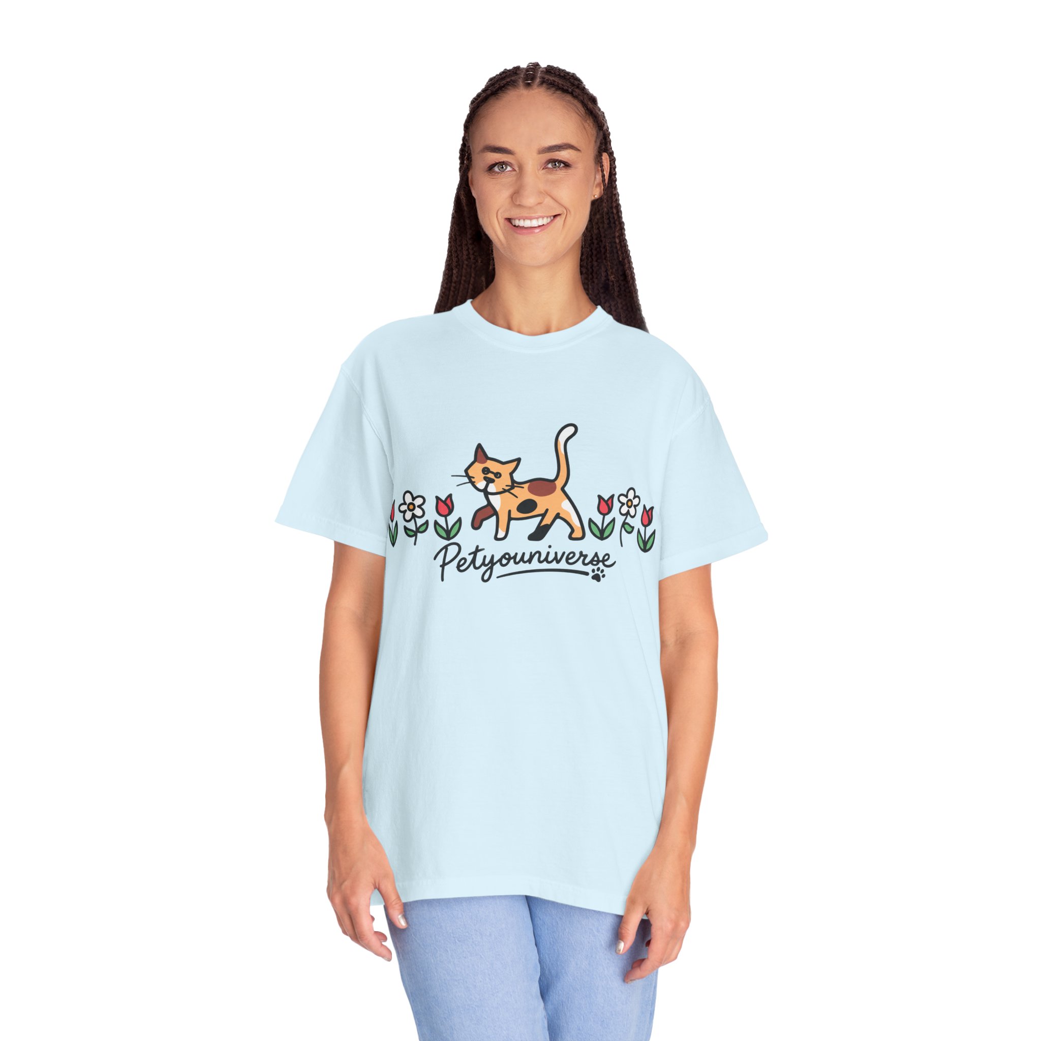 Cat & Flowers T-Shirt — 'Petsyouniverse' Cute Calico Tee - Image 95