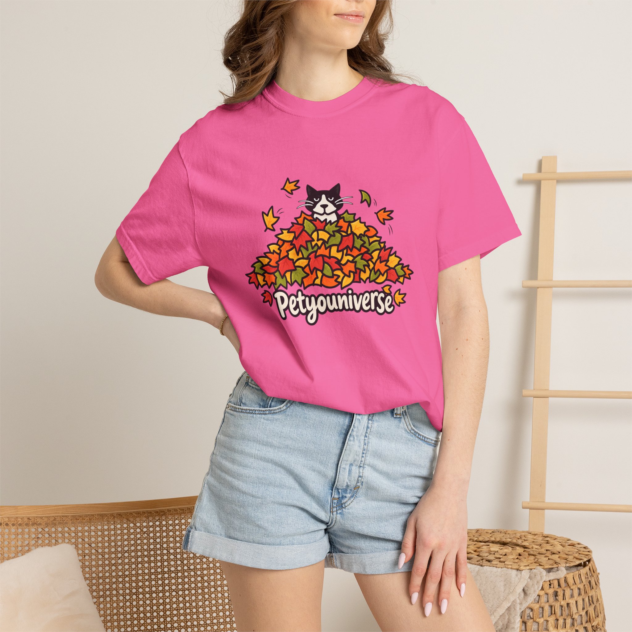 Cat in Leaf Pile T-Shirt — "Petyouniverse" Fall Cat Tee - Image 101