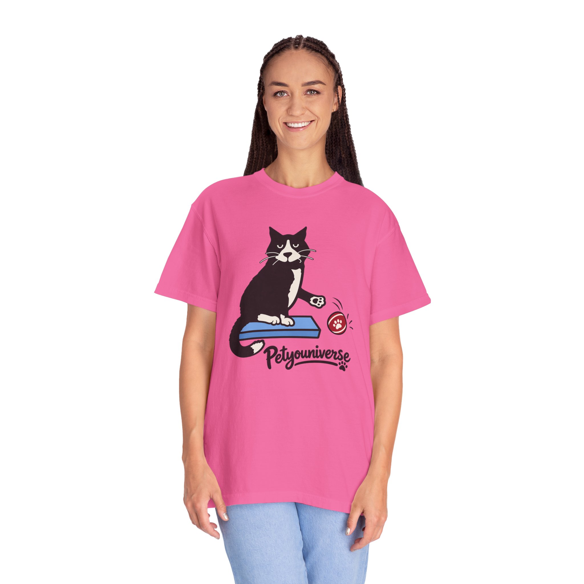 Cat on Scratch Pad Graphic T-Shirt — "Petyouniverse" Cute Paw Play Tee - Image 122