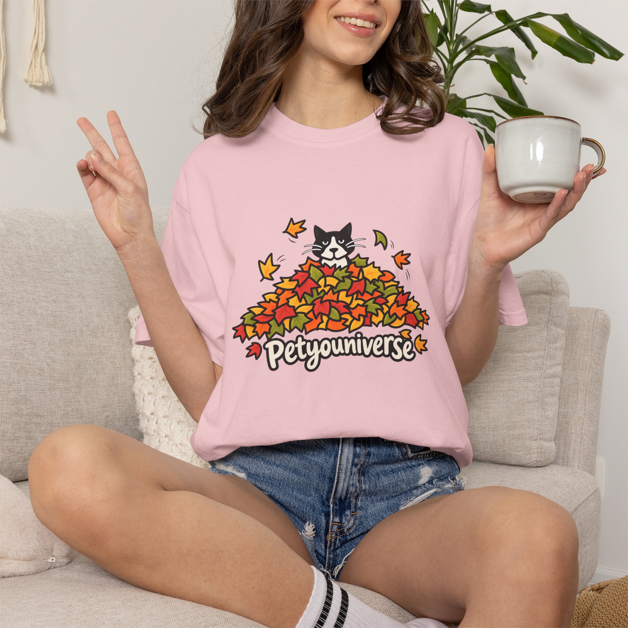 Cat in Leaf Pile T-Shirt — "Petyouniverse" Fall Cat Tee - Image 93