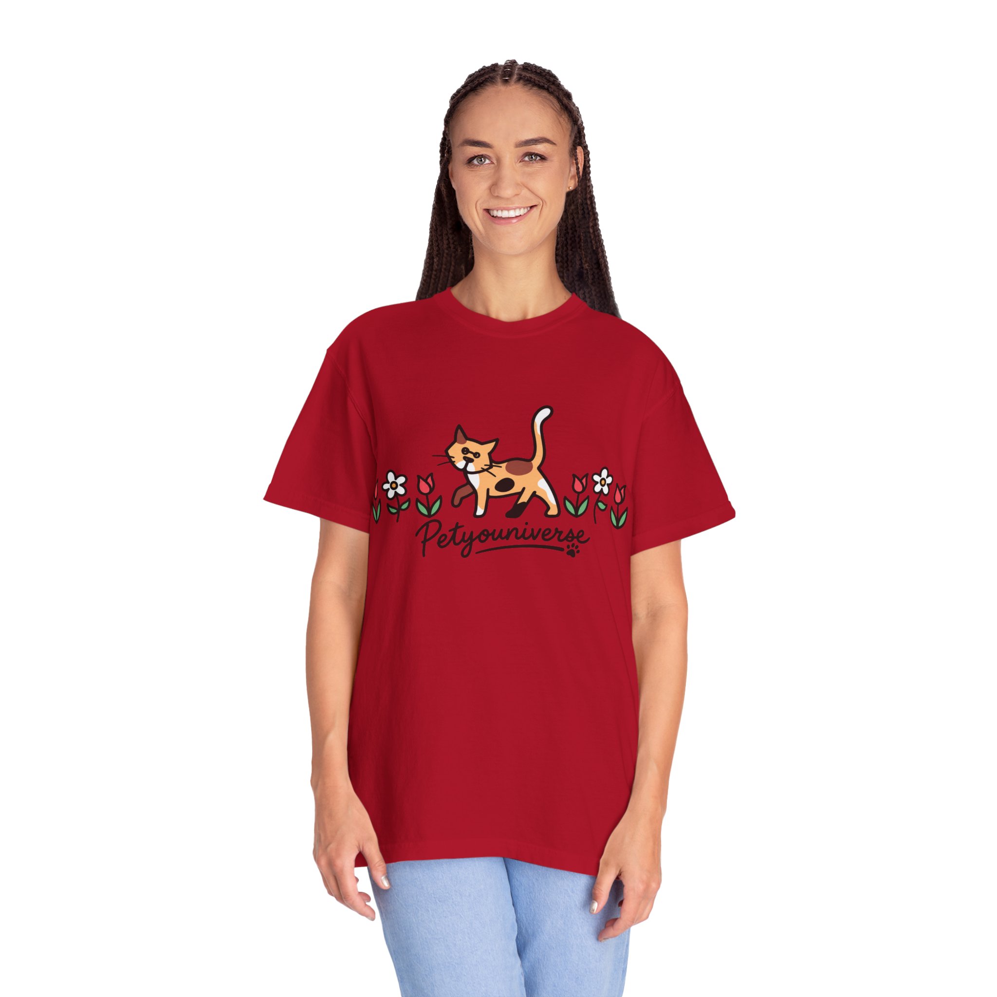 Cat & Flowers T-Shirt — 'Petsyouniverse' Cute Calico Tee - Image 140