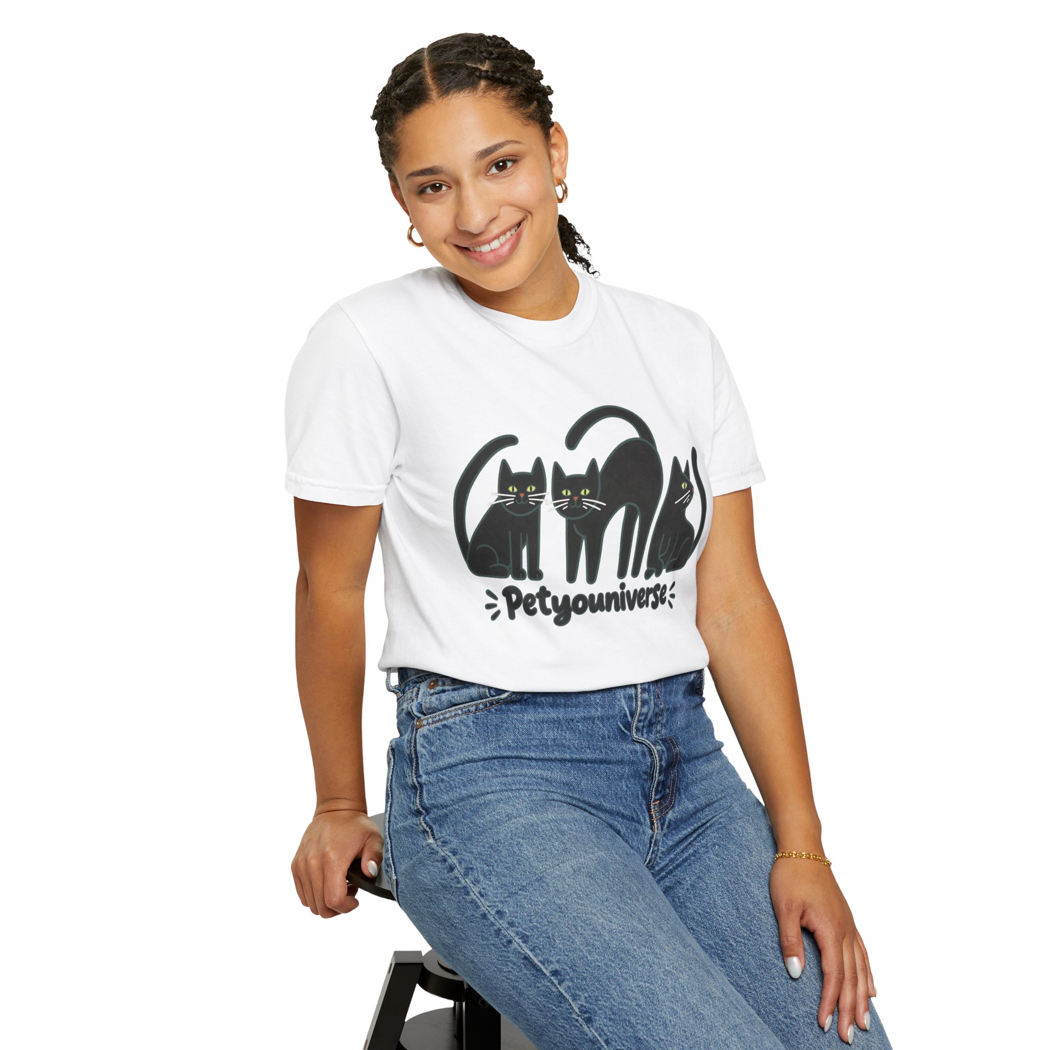 Cat T-Shirt — "Petyouniverse" Black Cat Trio Graphic Tee - Image 6