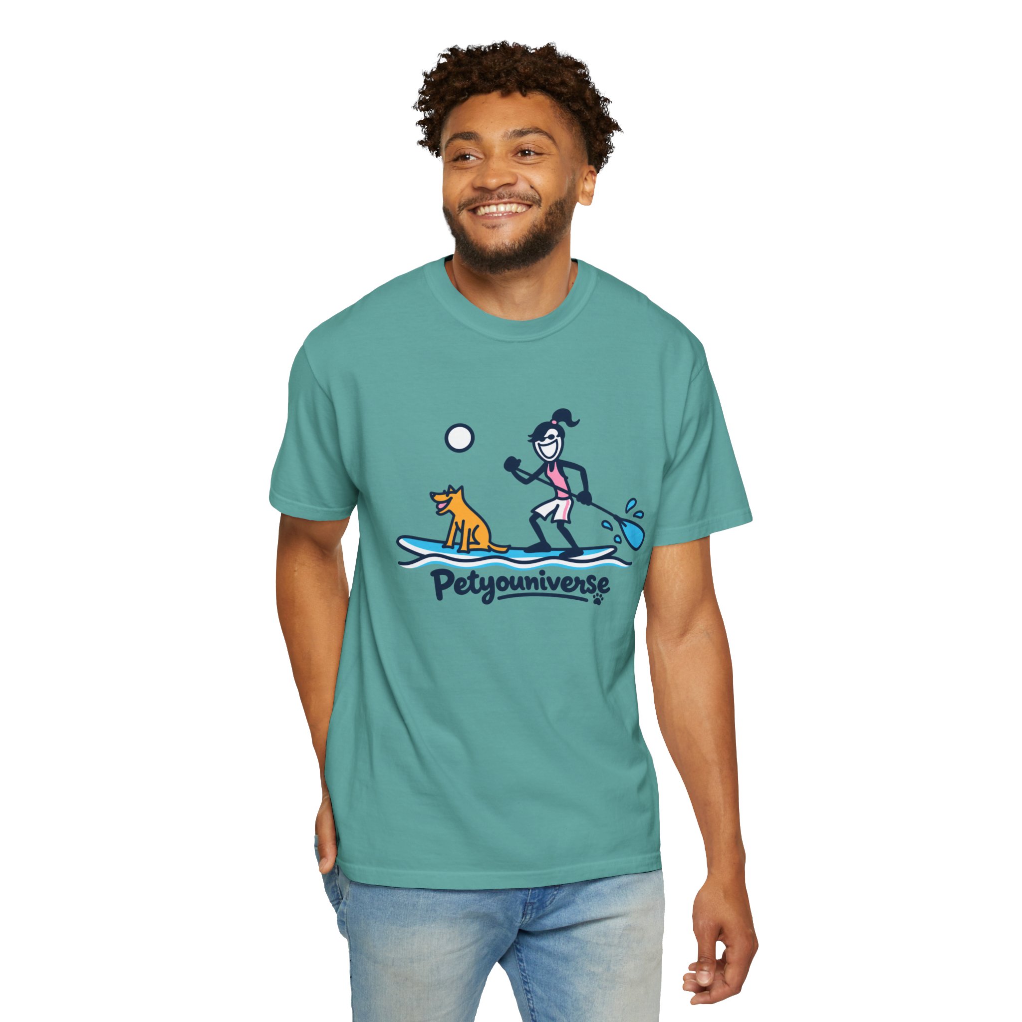 Paddleboarding Pup Graphic T-Shirt — "Petyouniverse" Dog & Owner Paddleboard Tee - Image 70