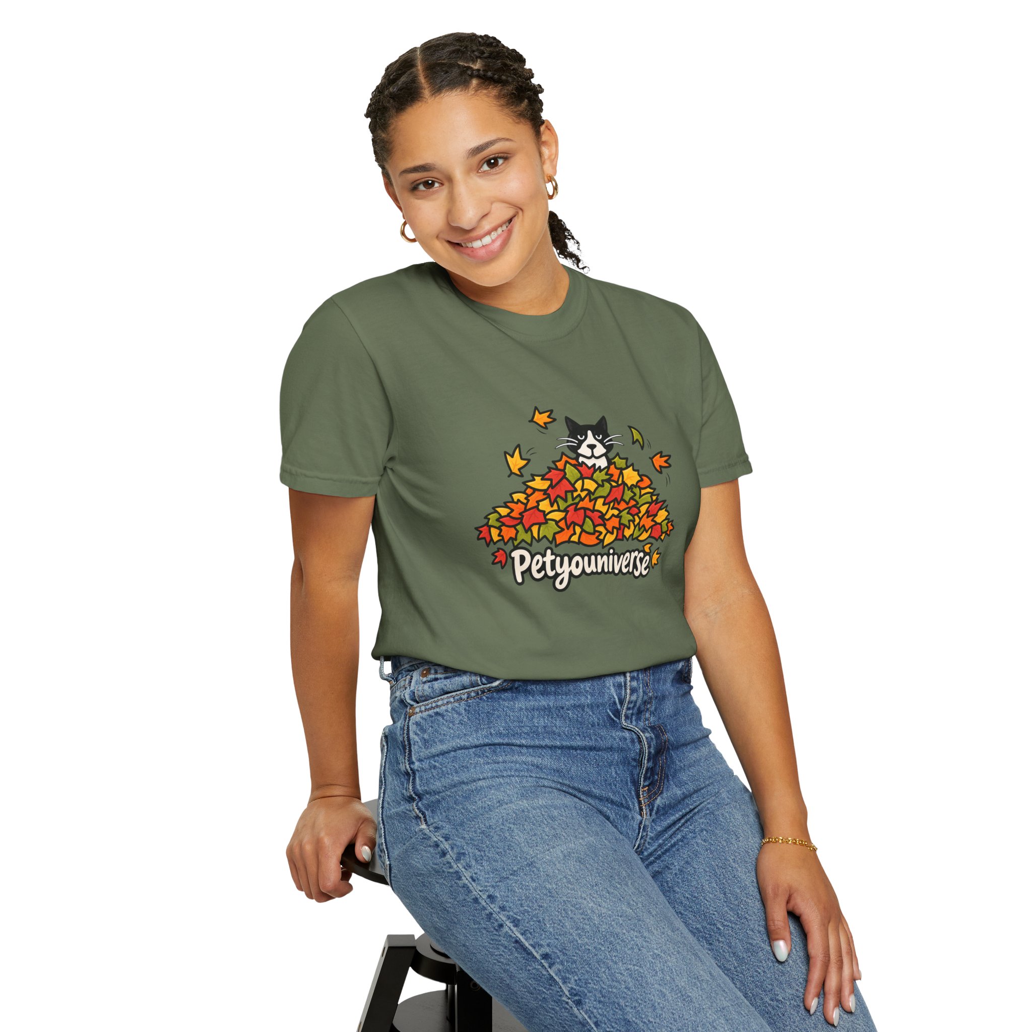 Cat in Leaf Pile T-Shirt — "Petyouniverse" Fall Cat Tee - Image 60