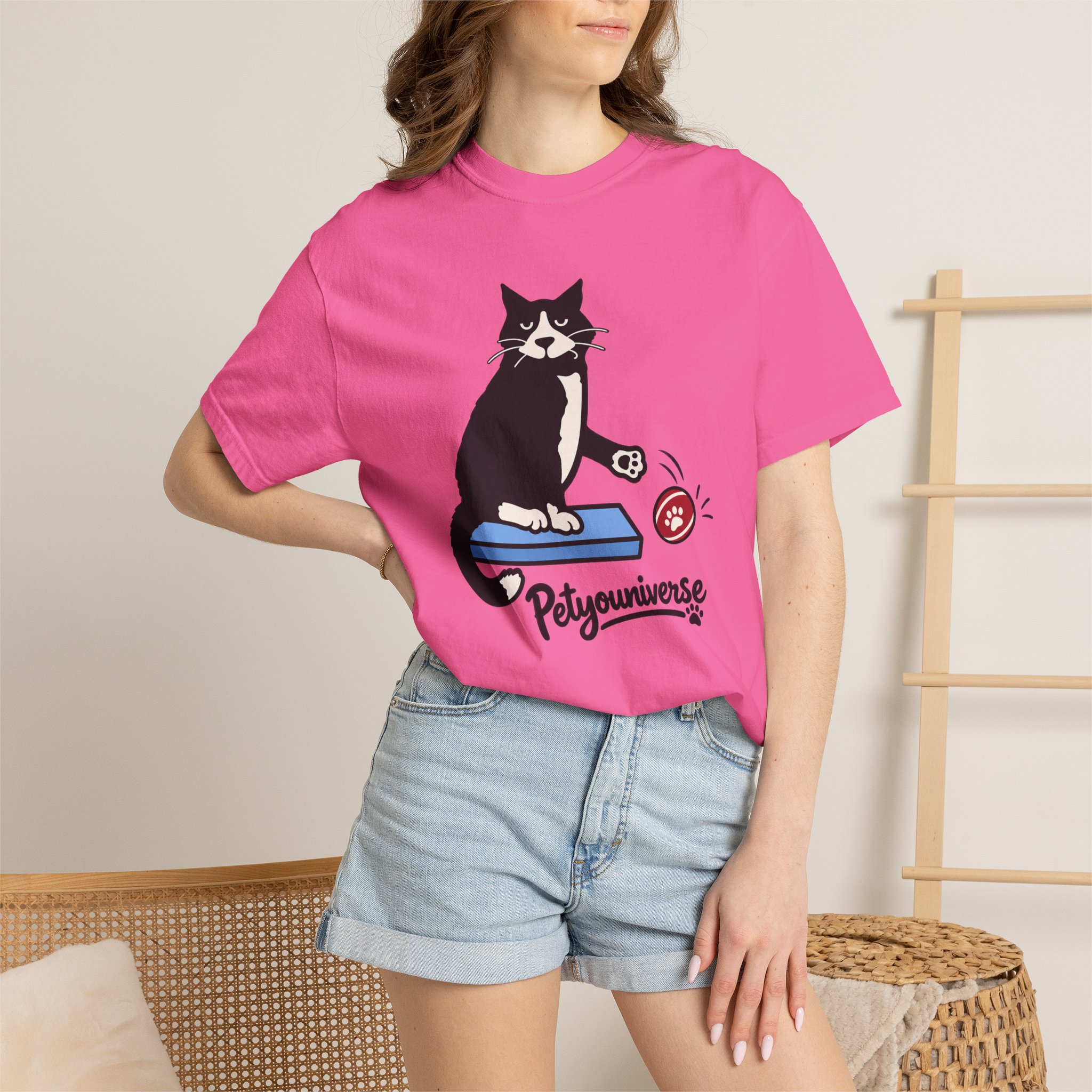 Cat on Scratch Pad Graphic T-Shirt — "Petyouniverse" Cute Paw Play Tee - Image 119