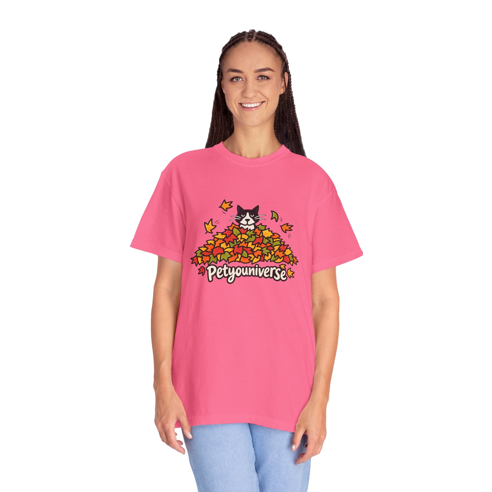 Cat in Leaf Pile T-Shirt — "Petyouniverse" Fall Cat Tee - Image 113