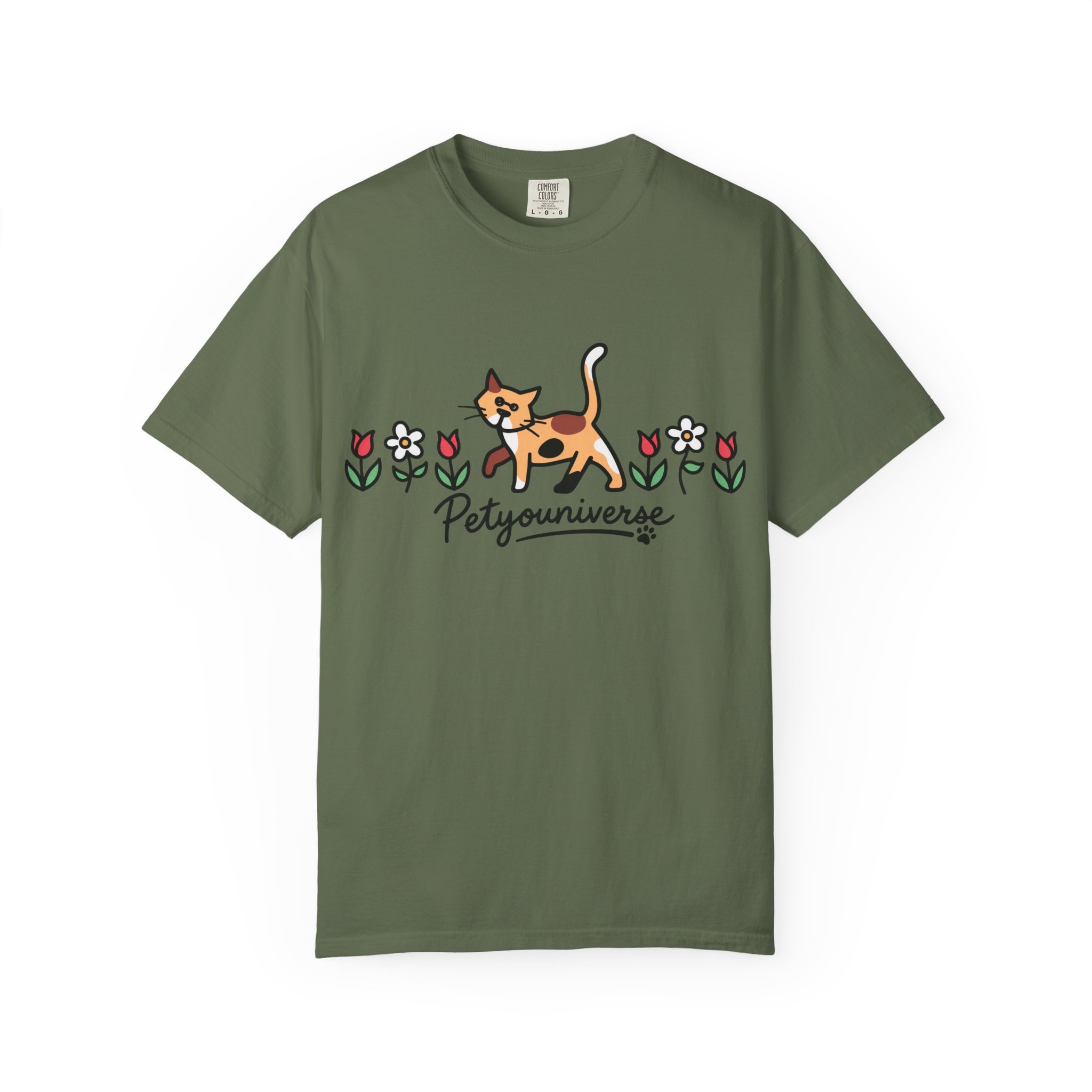Cat & Flowers T-Shirt — 'Petsyouniverse' Cute Calico Tee - Image 55