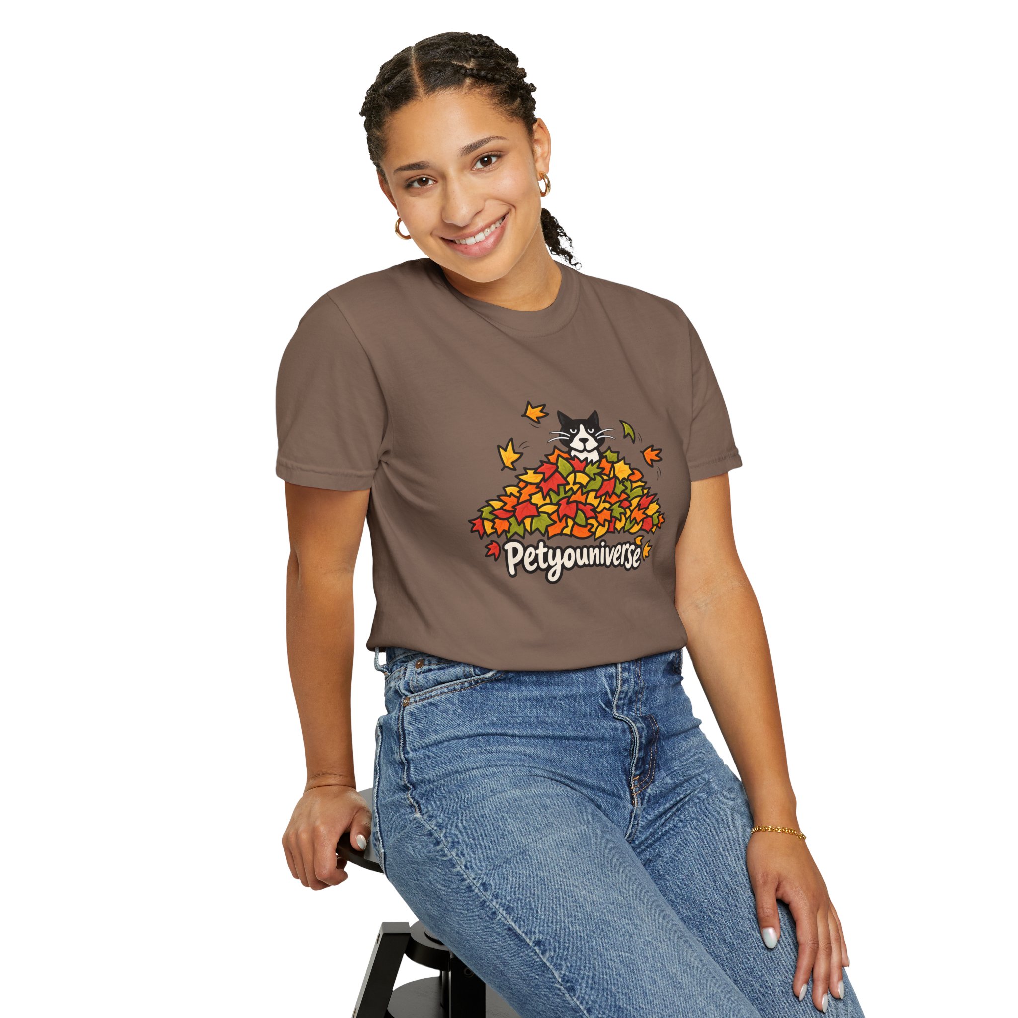 Cat in Leaf Pile T-Shirt — "Petyouniverse" Fall Cat Tee - Image 42