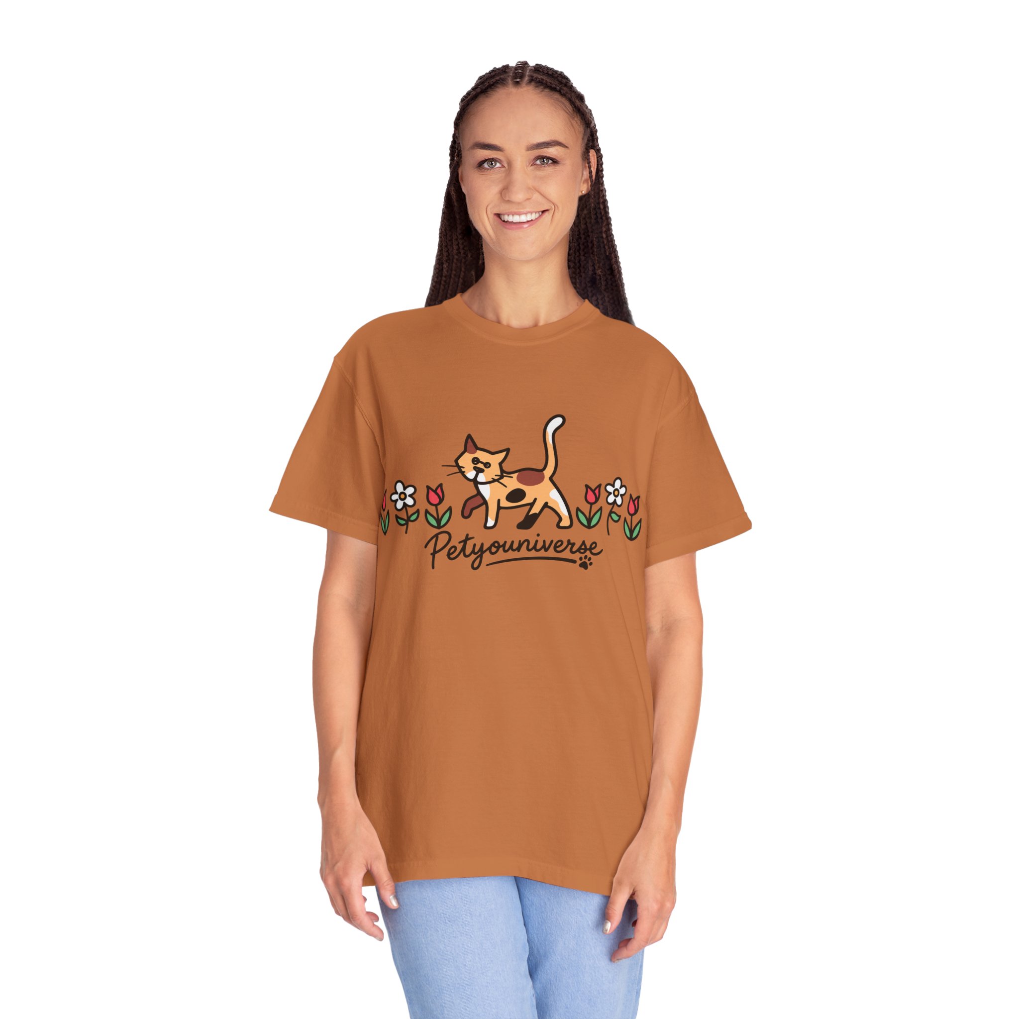 Cat & Flowers T-Shirt — 'Petsyouniverse' Cute Calico Tee - Image 23