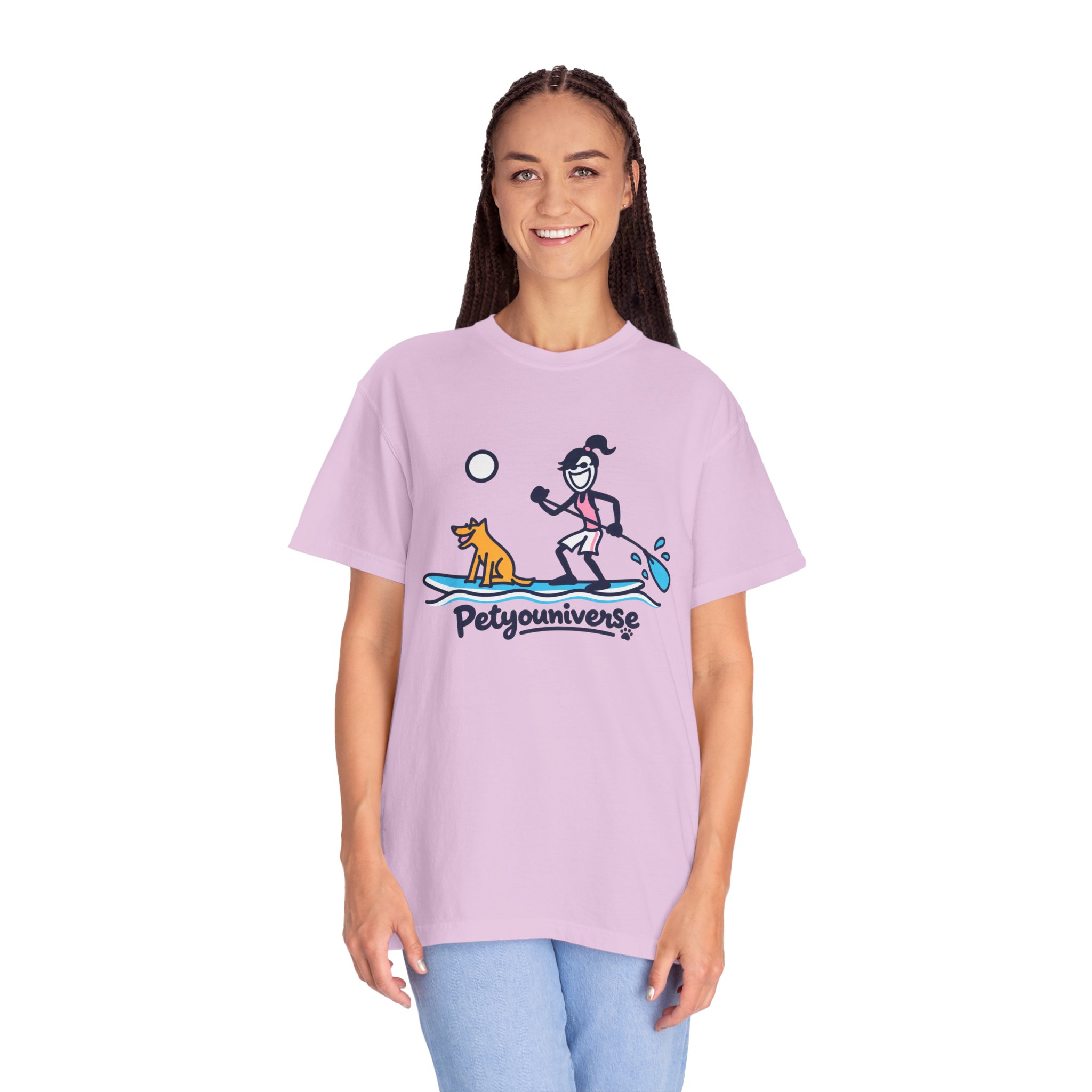 Paddleboarding Pup Graphic T-Shirt — "Petyouniverse" Dog & Owner Paddleboard Tee - Image 76