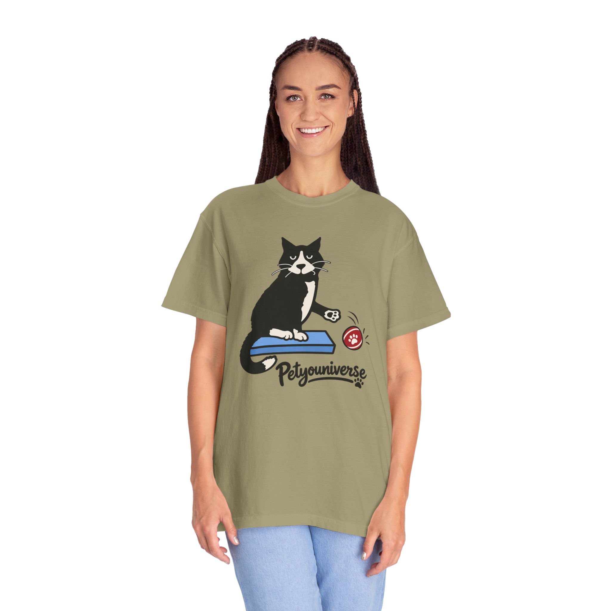 Cat on Scratch Pad Graphic T-Shirt — "Petyouniverse" Cute Paw Play Tee - Image 41