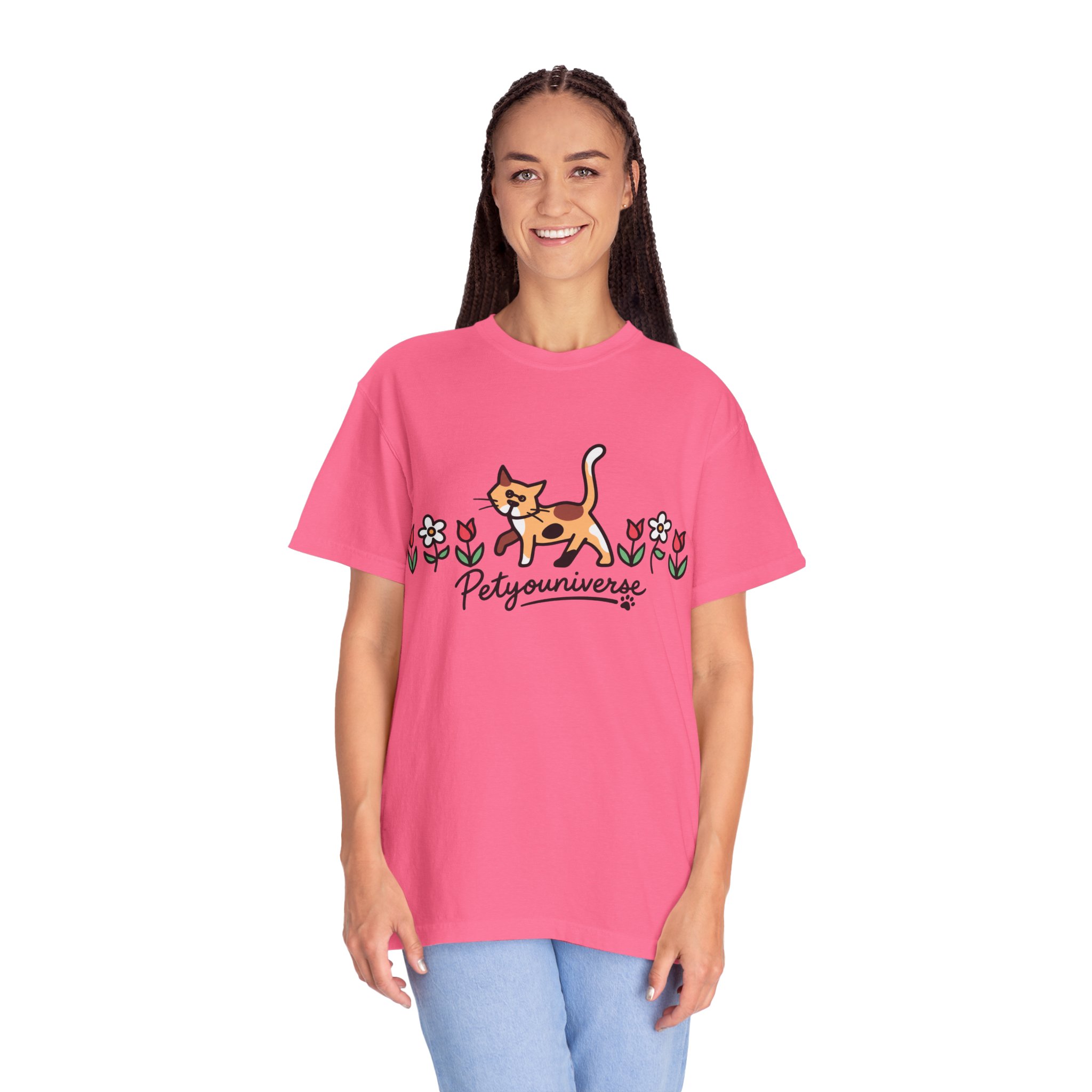 Cat & Flowers T-Shirt — 'Petsyouniverse' Cute Calico Tee - Image 122