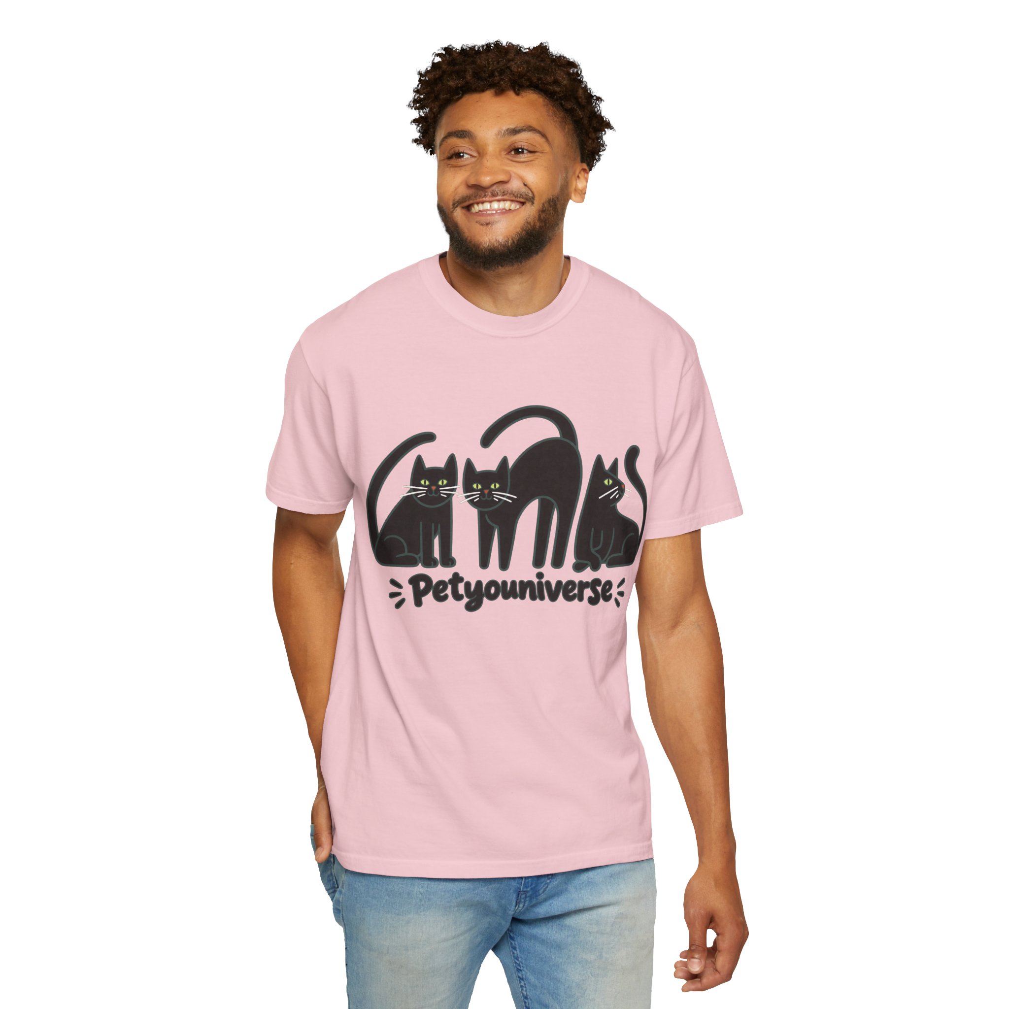 Cat T-Shirt — "Petyouniverse" Black Cat Trio Graphic Tee - Image 124